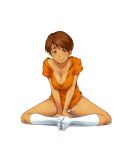  brown_eyes brown_hair cleavage dark_skin darkskin erect_nipples feet footwear hairu no_shoes short_hair simple_background smile socks super_real_mahjong toes toono_mizuki white_legwear white_socks zipper 