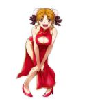  bare_shoulders bent_over breasts bun_cover china_dress chinese_clothes cleavage cleavage_cutout double_bun dress hairu hands_on_knees hayasaka_akira high_heels no_panties open_mouth orange_hair red_dress red_shoes shoes short_hair simple_background smile solo super_real_mahjong 