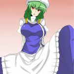  arms_behind_back blush breasts cosplay dress green_hair hat kazami_yuuka large_breasts letty_whiterock letty_whiterock_(cosplay) meicha_(drill-biyori) meicha_(duelforce) red_eyes short_hair solo touhou 
