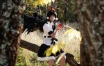  autumn black_hair camera cosplay grass hat leaf notebook outdoors outside pen photo shameimaru_aya sitting solo tenori-tiger tokin_hat touhou tree wings 