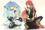  anklet bad_id barefoot belt blue_hair boots bridal_gauntlets detached_sleeves feet hatsune_miku hatsune_miku_(append) headset highres jewelry kneeling long_hair megurine_luka miku_append multiple_girls navel navel_piercing necktie piercing pointing red_hair redhead thigh-highs thighhighs toe_ring toes tokoiai very_long_hair vocaloid vocaloid_append wink 