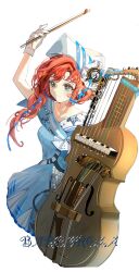  1girl arm_up barcarola_(reverse:1999) blue_eyes blue_shirt blue_skirt bow_(music) character_name closed_mouth cowboy_shot dixie_cup_hat hair_over_shoulder hand_up hat highres holding holding_bow_(music) instrument long_braid long_hair military_hat miniskirt red_hair reverse:1999 sailor_collar seventeen_meimi shirt skirt sleeveless sleeveless_shirt smile solo white_background white_hat 