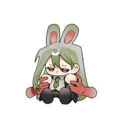  1boy 1other animal_ears black_jacket black_pants black_suit brown_eyes chibi collared_shirt disembodied_hand extra_ears eyebrow_cut full_body green_hair green_necktie hands_up jacket lobotomy_corporation long_hair male_focus necktie netzach_(project_moon) no_fingers pants project_moon rabbit_ears shirt simple_background sitting suit toeiki_c white_background white_shirt 