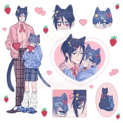  2boys alternate_costume animal_ears baggy_socks bandaid bandaid_on_face black_hair blue_nails bow cardigan cat_boy cat_ears cat_tail chibi child ciel_phantomhive eyepatch fish_hair_ornament food-themed_hair_ornament hair_bow hair_ornament hairclip highres kurosh00kie kuroshitsuji multiple_boys one_eye_closed pants plaid_clothes plaid_pants plaid_shorts sebastian_michaelis shirt shoes shorts smile sneakers star_(symbol) star_hair_ornament strawberry_hair_ornament tail 