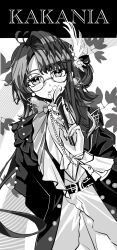  1girl arm_behind_back belt character_name cowboy_shot fan_to_mouth feather_hair_ornament feathers folded_fan folding_fan glasses gloves greyscale hair_ornament hand_fan hand_up highres holding holding_fan jacket kakania_(reverse:1999) kakania_(seminars_on_serenity)_(reverse:1999) long_hair monochrome official_alternate_costume reverse:1999 seventeen_meimi shirt solo 