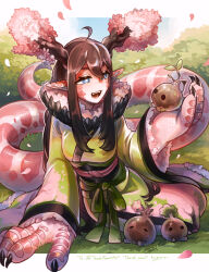  1girl animal_hands antlers blue_eyes brown_hair cherry_blossoms claws commentary_request commission creature dragon_ears dragon_girl dragon_tail falling_petals fangs full_body green_kimono highres hogara holding holding_creature horns japanese_clothes kimono long_hair monster_girl original outdoors petals pink_petals pink_scales sitting skeb_commission solo tail very_long_hair very_long_tail yokozuwari 