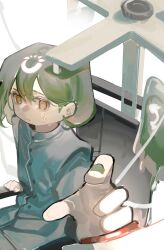  1boy absurdres blue_pajamas brown_eyes giovanni_(project_moon) green_hair green_nails highres intravenous_drip lobotomy_corporation male_focus pajamas project_moon red_button short_hair sitting solo sweat toeiki_c 
