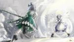  bad_id battle blueman braid hairband highres izayoi_sakuya katana knife konpaku_youmu maid maid_headdress multiple_girls short_hair silver_hair sword throwing_knife touhou twin_braids weapon 