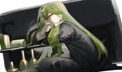  1boy absurdres alcohol armband black_jacket black_pants black_suit bottle brown_eyes can collared_shirt crane_(machine) crossed_arms dress_shirt eyebrow_cut formal_clothes green_armband green_hair green_nails green_necktie grin head_rest highres jacket lobotomy_corporation looking_at_viewer male_focus necktie netzach_(project_moon) pants project_moon shirt sitting smile solo suit suit_jacket toeiki_c white_shirt window 