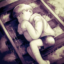  1boy ankle_socks covering_own_mouth curled_up grass hood hoodie looking_to_the_side male_focus matsuno_jyushimatsu monochrome osomatsu-san osomatsu_(series) railroad_tracks shorts show_chiku-by sleeves_past_fingers sleeves_past_wrists slippers socks 