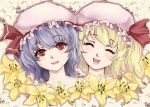  closed_eyes eyes_closed face fangs flandre_scarlet floral_background flower lily_(flower) multiple_girls portrait remilia_scarlet siblings sisters smile touhou yaua 