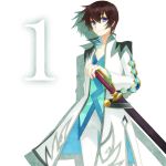  asbel_lhant blue_eyes brown_hair coat heterochromia male number purple_eyes solo sword tales_of_(series) tales_of_graces three_plates violet_eyes weapon white_background 