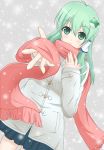  coat frog green_eyes green_hair highres kochiya_hiduki kochiya_hizuki kochiya_sanae long_hair scarf skirt snow solo touhou 