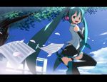  colored eto hatsune_miku looking_back music open_mouth panties pantyshot smile thigh-highs thighhighs tree underwear vocaloid white_panties 