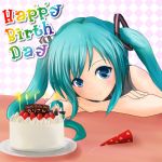  absurdres aqua_hair bare_shoulders birthday_cake blue_eyes blush cake chin_rest food fruit hachune_miku happy_birthday hatsune_miku highres long_hair looking_at_viewer ok-ray smile solo strawberry twintails very_long_hair vocaloid 