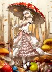  albino amanita_muscaria bare_shoulders belt boots breasts cleavage detached_collar detached_sleeves dress frilled_dress frills hair_ornament highres mushroom nature original oso oso_(toolate) personification red_eyes short_hair smile standing umbrella white_hair 