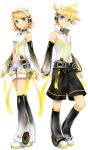  blonde_hair bridal_gauntlets brother_and_sister choker detached_sleeves hair_ribbon headphones kagamine_len kagamine_len_(append) kagamine_rin kagamine_rin_(append) len_append navel navel_cutout official_art osamu_(jagabata) ponytail popped_collar ribbon rin_append short_hair shorts siblings speakers transparent_background twins vocaloid vocaloid_append 