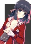  blush book breasts cleavage hair_ribbon kami_nomi_zo_shiru_sekai no_bra open_clothes pink_ribbon ribbon school_uniform shiomiya_shiori shiva shiva_(artist) shiva_(executor) short_hair solo 