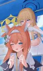  absurdres alternate_costume animal_ear_fluff animal_ears bare_shoulders belly blonde_hair blue_archive blue_eyes blue_jacket blunt_bangs blush cat_ears cat_girl cheerleader cosplay elbow_gloves flower gloves hair_between_eyes hair_flower hair_ornament hairband highres jacket long_hair looking_at_another maji_(majidesu3) mari_(blue_archive) mari_(blue_archive)_(cosplay) millennium_cheerleader_outfit_(blue_archive) navel official_alternate_costume open_mouth orange_hair playing_with_another's_ears shirt sidelocks skirt sports_bra toki_(blue_archive) white_flower white_gloves white_hairband white_shirt white_skirt white_sports_bra 