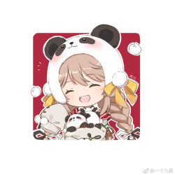  1girl ^_^ animal beanie black_ribbon bow braid brown_hair character_request chibi chinese_commentary closed_eyes collared_shirt commentary_request cropped_torso earflap_beanie eyelashes feijiu_jintian_ge_le_ma food grey_jacket hair_ribbon happy hat hat_bow holding holding_animal jacket light_blush long_hair long_sleeves low_twin_braids miracle_nikki nikki_(series) notice_lines open_clothes open_jacket open_mouth outline outside_border panda panda_hat pom_pom_hat_ornament puffy_long_sleeves puffy_sleeves red_background ribbon shirt signature sleeves_past_wrists smile solo steamed_bun tassel teeth twin_braids two-tone_background two-tone_ribbon upper_teeth_only very_long_hair watermark weibo_watermark white_background white_hat white_outline white_ribbon white_shirt yellow_bow 