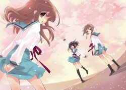  3girls absurdres arm_up asahina_mikuru black_socks blue_sailor_collar blue_skirt brown_eyes brown_hair cherry_blossoms commentary_request dutch_angle hair_ribbon hairband highres ito_noizi kita_high_school_uniform kneehighs long_hair long_sleeves looking_at_viewer looking_back multiple_girls nagato_yuki photoshop_(medium) purple_hair ribbon sailor_collar school_uniform second-party_source serafuku short_hair skirt socks suzumiya_haruhi suzumiya_haruhi_no_yuuutsu waving winter_uniform yellow_hairband yellow_ribbon 