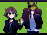  age_difference black_hair blush buttercup_(ppg) cartoon_network couple earphones fusionfall green green_background green_eyes head_out_of_frame jacket letterboxed lowres makochin male matsubara_kaoru mintchoco_(deviantart) powerpuff_girls powerpuff_girls_z short_hair 