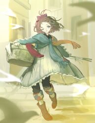  1girl ;o alley ankle_boots bangs_blown_up basket blue_dress blue_eyes blue_pants blue_scarf boots bow brick_floor brown_boots brown_hair building dress floating_hair flutterpage foot_up full_body hair_bow holding holding_basket holding_rod laundry_basket long_dress looking_at_viewer one_eye_closed orange_scarf outdoors pants pants_under_dress purple_bow reiry_(0ry_rei) reverse:1999 scarf short_hair solo two-tone_scarf walking wind 