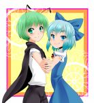  antennae blue_eyes blue_hair bow cape cirno green_eyes green_hair hair_bow hair_ribbon hand_holding holding_hands multiple_girls profile ribbon ripton_sabo short_hair short_sleeves smile touhou wriggle_nightbug 