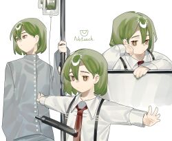  1boy dress_shirt giovanni_(project_moon) green_hair green_nails grey_pajamas highres intravenous_drip lcb_uniform_(project_moon) limbus_company lobotomy_corporation multiple_views necktie pajamas project_moon red_necktie shirt short_hair simple_background suspenders toeiki_c white_background white_shirt 