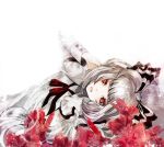  albino bow duca face flower flower_request fujiwara_no_mokou hair_bow long_hair looking_at_viewer lying open_mouth orchid red_eyes silver_hair solo touhou white_hair 