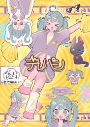  &gt;_&lt; :3 @_@ absurdres ahoge baggy_socks bandaid bandaid_on_leg blank_eyes blush_stickers deal_with_it_(meme) emphasis_lines gloom_(expression) green_hair hatsune_miku highres jacket meme multiple_views outline pom_pom_(cheerleading) purple_jacket s4kurausag1 shaking_head shirt sunglasses telepathy_(vocaloid) twintails vocaloid white_outline white_shirt 