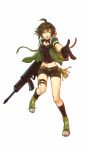  armband brown_hair fanny_pack finger_gun goggles goggles_around_neck green_eyes gun kneehighs midriff navel open_mouth original pointing senano-yu shoes shorts smile sneakers solo thigh_strap weapon 