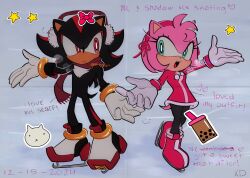  1boy 1girl :d amy_rose animal_ears animal_nose black_fur black_leggings blue_background body_fur boots bracelet dress earmuffs full_body furry furry_female furry_male gatioxd gloves gold_bracelet green_eyes hairband hedgehog_boy hedgehog_girl highres ice_skates jewelry leggings looking_at_another mario_&amp;_sonic_(series) mario_&amp;_sonic_at_the_olympic_winter_games official_alternate_costume open_mouth outstretched_arms pink_dress pink_fur pink_hair pink_hairband pink_ribbon pink_shoes red_eyes red_fur red_scarf ribbon scarf shadow_the_hedgehog shoes short_tail simple_background skates smile sonic_(series) standing tail two-tone_fur white_gloves white_shoes 