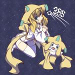  1girl blonde_hair jirachi kuromiya moemon personification pokemon pokemon_(creature) pokemon_(game) sky star_(sky) starry_sky thigh-highs thighhighs 