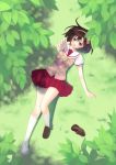  brown_hair footwear from_above grass hairband highres legs lying nana_mikoto on_back original outstretched_arm school_uniform shoes short_hair single_shoe skirt smile socks solo white_legwear white_socks 