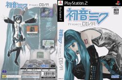  1girl aqua_eyes aqua_hair barcode bent_over bingi black_skirt box_art content_rating detached_sleeves fake_box_art full_body game_console grey_shirt hatsune_miku highres kneeling long_hair looking_at_viewer multiple_views pale_skin playstation_2 playstation_logo pleated_skirt project_diva_(series) sega shirt skirt sleeveless sleeveless_shirt standing standing_on_one_leg translation_request twintails very_long_hair vocaloid white_background 
