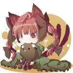  bird biting bow braid butterfly_sitting cat_ears cat_tail chibi doromizu fang hair_bow indian_style kaenbyou_rin multiple_tails red_eyes red_hair redhead reiuji_utsuho reiuji_utsuho_(bird) sitting tail touhou translated twin_braids 