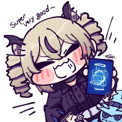  1girl ? blonde_hair blush_stickers card chibi closed_eyes cowboy_shot digimon digimon_(creature) digimon_card_game digimon_liberator dress english_text ghostmon holding holding_card multicolored_hair purple_dress purple_hair simple_background siu_(esiu3891) smile solo_focus trading_card two-tone_hair violet_inboots white_background 