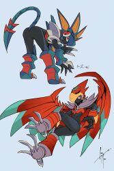  armor ass blue_armor blue_helmet blue_tail close-up falzar_(mega_man) gregar_(mega_man) grey_background helmet highres mask mega_man_(series) mega_man_battle_network_(series) mega_man_battle_network_6 megaman.exe mouth_mask red_armor red_eyes red_helmet red_wings simple_background to_i_to_io wings 