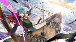  1boy :d absurdres belt blue_background blue_hair blue_hat blue_shirt blue_sky brant_(wuthering_waves) collarbone dynamic_pose earrings full_body gradient_sky hair_between_eyes hand_on_headwear hat hat_feather highres holding holding_hat holding_unworn_clothes holding_weapon jewelry long_sleeves looking_at_viewer male_focus multicolored_hair open_mouth orange_sky pants pirate_ship puffy_long_sleeves puffy_sleeves purple_hair purple_rope rope ship shirt short_hair sky smile solo streaked_hair stud_earrings sunlight tacet_mark_(wuthering_waves) teeth toriumu tricorne upper_teeth_only violet_eyes watercraft weapon white_belt white_pants wuthering_waves 