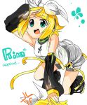  aqua_eyes blonde_hair character_name detached_sleeves dual_persona elbow_gloves gloves hair_ornament hair_ribbon hairclip headphones jumping kagamine_rin kagamine_rin_(append) pink-ball ribbon rin_append short_hair shorts simple_background smile vocaloid vocaloid_append 