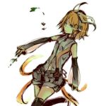  bad_id blonde_hair detached_sleeves elbow_gloves gloves green_eyes hair_ribbon headphones hinoki_(tomatoxxx) kagamine_rin kagamine_rin_(append) leg_warmers ribbon rin_append short_hair shorts simple_background solo thighhighs vocaloid vocaloid_append 