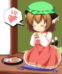  ^_^ animal_ears blush brown_hair cat_ears cat_tail chen closed_eyes eating food food_on_face happy hat heart multiple_tails pila-pela short_hair smile solo spoken_heart tail taiyaki touhou wagashi 