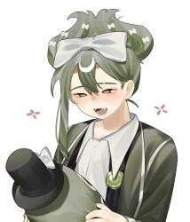  1boy :d absurdres black_hat bow brown_eyes cinnamiku_hairstyle collared_shirt dress_shirt fangs green_hair green_jacket green_nails hair_bow happy hat hat_bow highres holding holding_stuffed_toy jacket lapels library_of_ruina male_focus multiple_hair_bows netzach's_painting netzach_(project_moon) open_clothes open_jacket project_moon shirt simple_background single_sidelock smile solo stuffed_toy toeiki_c top_hat white_background white_bow white_shirt 