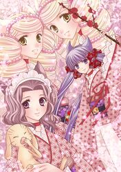  animal_ears asa_no_ha_(pattern) bad_id beads black_hair blonde_hair bonbori bow branch closed_eyes drill_hair eyes_closed fangs floral_print flower fox_ears hair_bow hair_ornament hair_ribbon highres hoozuki_(otome_youkai_zakuro) japanese_clothes kikumon kimono light_particles long_hair maid_headdress mamezou_(otome_youkai_zakuro) multiple_girls murasaki_gohan otome_youkai_zakuro purple_eyes purple_hair ribbon short_hair siblings sisters smile susukihotaru twins twintails violet_eyes yawning yellow_eyes zakuro zakuro_(otome_youkai_zakuro) 