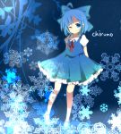  ahoge arms_behind_back blue_eyes blue_hair bow character_name cirno dress hair_bow pleated_skirt skirt smile snowflakes solo tapa touhou wink 