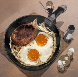  1girl black_shirt breakfast brown_hair chair chef_hat commentary_request demizu_posuka egg_(food) food food_focus fork fried_egg frying_pan hamburger_steak hat holding holding_fork mini_person minigirl on_chair original pepper_(spice) pepper_shaker plate ponytail red_skirt shirt sitting skirt table 