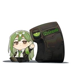  1boy arm_at_side arm_up armband black_jacket black_pants chibi collared_shirt dress_shirt dual_persona expressionless formal_clothes frown green_armband green_hair green_necktie jacket lobotomy_corporation necktie netzach_(project_moon) non-humanoid_robot pants project_moon reaching reaching_towards_another robot shirt solo suit_jacket toeiki_c white_shirt 