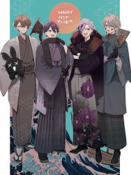  4boys :d absurdres ahoge aqua_background asa_no_ha_(pattern) barbell_piercing black_boots black_gloves black_scarf black_shoes black_socks blue_coat blue_eyes boat boots brown_eyes brown_hair brown_hat brown_kimono brown_sandals brown_sash chain closed_mouth coat collared_coat commentary crossed_arms crossed_bangs ear_piercing earrings facepaint fang fedora floral_print fur-trimmed_jacket fur_trim fuwa_minato geta gloves gold_chain gradient_clothes gradient_hakama green_eyes grey_hair grey_hakama grey_haori grey_kimono hagoita hair_between_eyes hakama hakama_skirt hand_up hands_up haori happy_new_year hat high_heel_boots high_heels highres holding holding_hat holding_paddle holding_stuffed_toy holding_unworn_clothes industrial_piercing jacket jacket_on_shoulders japanese_clothes jewelry kagami_hayato kaida_haru kenmochi_touya kimono long_sleeves looking_at_viewer male_focus mismatched_earrings multicolored_hair multiple_boys nijisanji obi obijime open_clothes open_mouth paddle parted_bangs piercing pink_hair plaid_clothes plaid_kimono print_hakama purple_hair purple_jacket purple_kimono rof-mao rope sandals sash saw_(dtn_error) scarf seigaiha sheath sheathed shirt shoes short_hair skirt smile socks streaked_hair stuffed_animal stuffed_rabbit stuffed_toy sweat sword symbol-only_commentary tabi tassel tassel_earrings teeth upper_teeth_only violet_eyes virtual_youtuber water watercraft waves weapon white_hakama white_haori white_shirt white_socks wide_sleeves zouri 