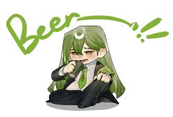  1boy alcohol armband beer beer_can black_jacket black_pants black_suit blush brown_eyes can chibi collared_shirt dress_shirt drink_can drinking fang green_armband green_hair green_nails green_necktie hand_on_own_knee highres holding holding_can jacket lobotomy_corporation long_hair necktie netzach_(project_moon) pants project_moon shirt sitting solo straight_hair suit toeiki_c white_background white_shirt 